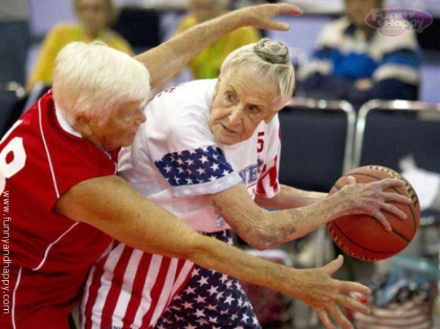 Funny Grandma playing basketball